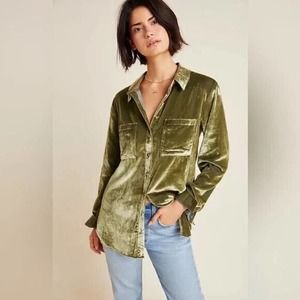 Anthropologie Maeve Karina Green Velvet Button Down Long Sleeve Blouse Size 2